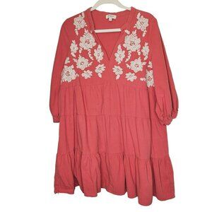 Umgee Coral Tiered Boho Dress With White Floral Embroidery Long Sleeves cotton L